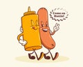 Groovy Hotdog Retro Characters Label. Cartoon Sausage and Mustard Bottle Walking Smiling Vector Food Mascot Template