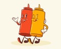 Groovy Hotdog Retro Characters Label. Cartoon Sausage and Mustard Bottle Walking Smiling Vector Food Mascot Template