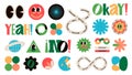 Groovy label shapes. Doodle abstract stickers with funny hippie symbols, colorful modern decorative elements for badge