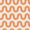 Abstract retro 70s geometric swirly lines seamless pattern in orange, red, brown and yellow on light cream background.