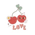 Groovy love hippie 70s poster. Funny cartoon cherry character. Vector Valentines day psychedelic card Royalty Free Stock Photo