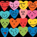 Groovy lovely funny faces stickers card. Love concept. Happy Valentines day. Funky happy heart characters in trendy