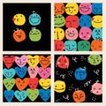 Groovy lovely funny faces stickers cards. Love concept. Happy Valentines day. Funky happy heart characters in trendy