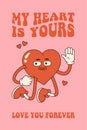 Groovy lovely heart poster. Love concept. Happy Valentines day greeting card. Pink and red colors.