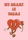 Groovy lovely heart retro poster. Groovy retro heart. Hippie happy heart in retro cartoon style.Valentines Day. Vintage heart