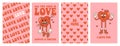 Groovy lovely hearts posters. Love concept. Happy Valentines day greeting card. Pink and red colors. Royalty Free Stock Photo