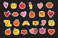 Groovy lovely hearts stickers. Love concept. Happy Valentines day. Funky happy heart character in trendy retro 60s 70s