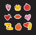 Groovy lovely hearts stickers. Love concept. Happy Valentines day. Funky happy heart character in trendy retro 60s 70s