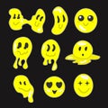 Groovy melting and dripping smiley face . Distorted graffiti emoji sticker. Hippie smile character vector set