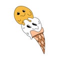 Groovy melting ice cream scoops with psychedelic distorted face on waffle cone
