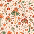 Groovy Mushrooms and Daisy Flowers Seamless Pattern. Retro Hippie Vector Background in 70s 80s Style