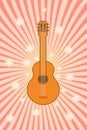 Groovy music with retro guitar. Hippie style. Vintage art design. Cartoon. Vector illustration on a jolly background.