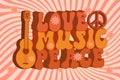 Groovy music with retro guitar Love peace Hippie style Vintage design Cartoon Vector illustration on a jolly background Royalty Free Stock Photo