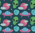 Groovy pattern Alien, ufo, planet in cartoon hippie style on dark background Royalty Free Stock Photo