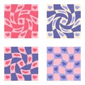 Groovy patterns with hearts collection in 1970s style. Romantic checkerboard prints set for fabric, T-shirt, stationery. Doodle
