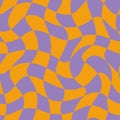 Groovy Psychedelic Checkerboard Seamless Pattern. Purple and Orange Abstract Background in 1970s Retro Style
