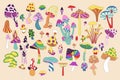 Groovy psychedelic mushrooms set, retro funky stickers of magic toadstool and fungus