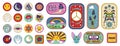 Groovy psychedelic stickers set, retro funky patches of different geometric shapes