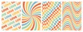Groovy rainbow backgrounds. Checkerboard, chessboard, mesh, waves, swirl, twirl pattern.