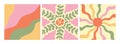 Groovy retro backgrounds. Sun with rays, flower and waves. Hippie 60s, 70s style Royalty Free Stock Photo