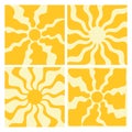 Groovy retro backgrounds with sun and sunbeams. Groovy doodle sunburst. Hippie 60s, 70s style Royalty Free Stock Photo