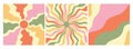 Groovy retro backgrounds. Sunburst, flower and waves. Hippie 60s, 70s style Royalty Free Stock Photo
