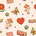Groovy retro cartoon characters seamless pattern. Happy fly agaric mushroom, heart, flower, butterfly 70s lettering Royalty Free Stock Photo