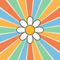 Groovy retro colorful sunburst starburst with ray of light. Background with white smiling daisy flower. 60s, 70s hippie Royalty Free Stock Photo