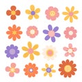 Groovy retro daisy flowers set. Pastel color Hippie psychedelic stickers in 1970s style. Vector Disco geometric Royalty Free Stock Photo