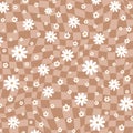 Groovy retro floral background. Retro checkered background. Retro 70s checkered wallpaper. Daisy flowers. Pastel beige Royalty Free Stock Photo