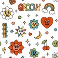 Groovy retro hippie elements seamless pattern. Cartoon rainbow, flower, daisy with cute funny faces characters Royalty Free Stock Photo