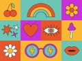 Groovy retro icon set in 60s, 70s hippie style. Funny cartoon rainbow, sunglasses, daisy flower, mushroom, heart, star, cherry,