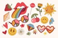 Groovy retro isolated clip art bundle with flower, sun, strawberry, lips and rainbow colored tongue, vector kit