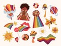 Groovy retro isolated clip art bundle, 70s nostalgia, hippie girl in rainbow glasses, stylized mushroom, rainbow