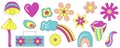 Groovy retro psychedelic set with flower, rainbow and music. Retro happy flower vector art illustration. Vintage floral Royalty Free Stock Photo