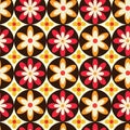 Groovy Retro 70s flowers on black circles seamless pattern. For textile, fabric and interior deÂ©cor