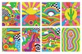 Groovy retro vibes, 70s hippie style psychedelic art posters. Abstract psychedelic hippie rainbow landscape 60s posters