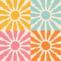 Groovy retro yellow blue pink orange sunburst starburst with ray of light. Background set with sun in 60s, 70s hippie style. Royalty Free Stock Photo