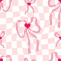 Groovy ribbon bow accessory seamless pattern on grid distorted background. Hippie aesthetic print for fabric, paper, textile. Hand