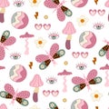 Groovy seamless pattern with cartoon mushroom,  butterflies,  flowers, dÃÂ©cor elements. retro style, vector illustration. Royalty Free Stock Photo