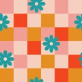 Groovy seamless pattern with daisies and chess