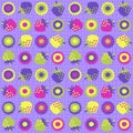 Groovy seamless pattern with daisy flowers and raspberries on grid distorted background. Hippie aesthetic print for fabric, paper