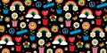 Groovy seamless pattern in trendy retro cartoon style. Funny Earth, rainbow, heart, flower, daisy.