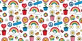 Groovy seamless pattern in trendy retro cartoon style. Funny Earth, rainbow, heart, flower, daisy.