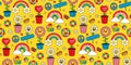 Groovy seamless pattern in trendy retro cartoon style. Funny Earth, rainbow, heart, flower, daisy.