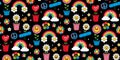 Groovy seamless pattern in trendy retro cartoon style. Funny Earth, rainbow, heart, flower, daisy.