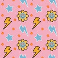 Groovy seamless patterns with cherry, lightning, clouds and dots. Vector backgrounds in trendy retro trippy style. Hippie 60s, 70s Royalty Free Stock Photo