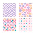 Groovy seamless patterns with daisy, chess, stars.