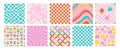Groovy seamless patterns with daisy, wave, chess Royalty Free Stock Photo