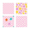 Groovy seamless patterns with daisy, wave, chess.